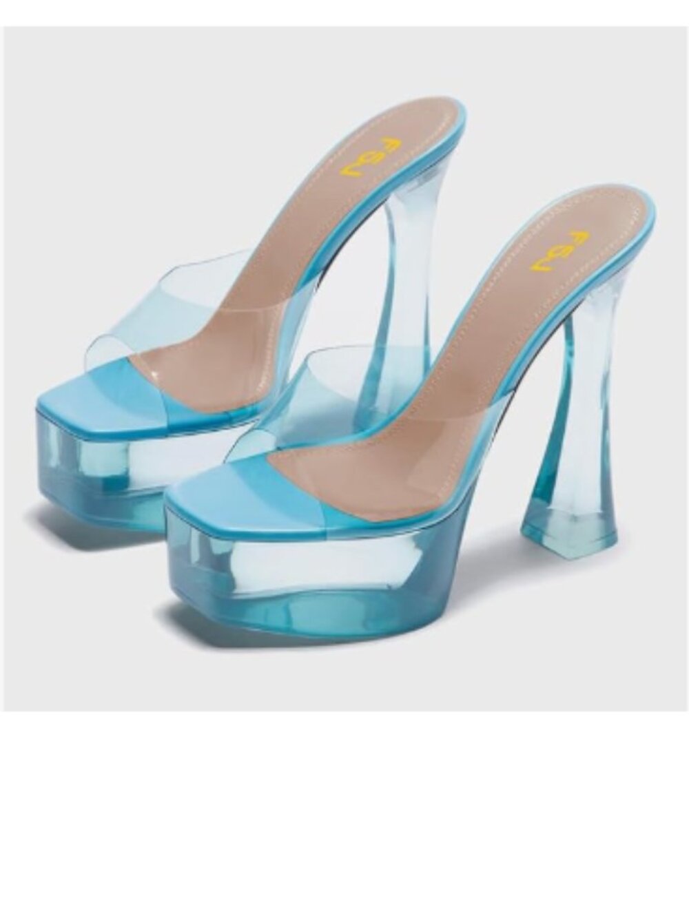 FSJ Blue Clear Platform Flared Heel Mules